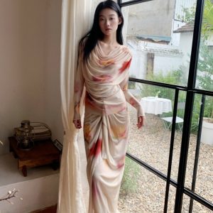 Printed Draped Neck Mesh Top and Knit Skirt Set for Women