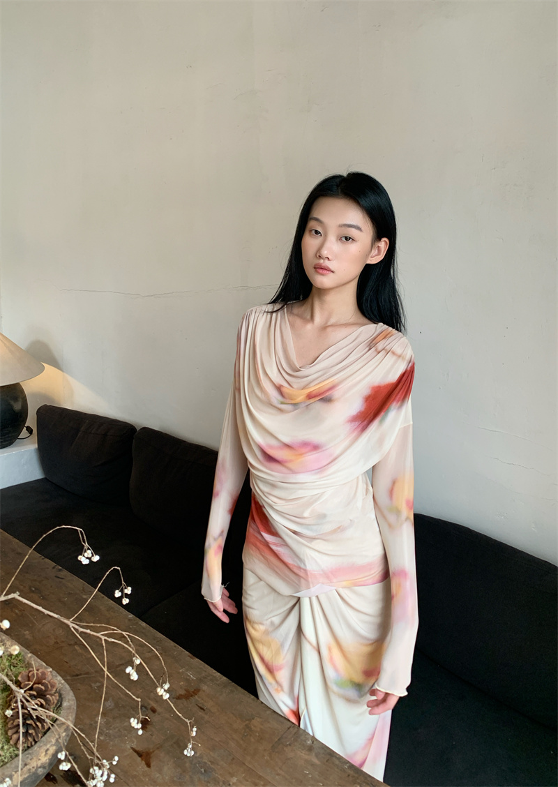 Printed Draped Neck Mesh Top and Knit Skirt Set for Women - Image 2