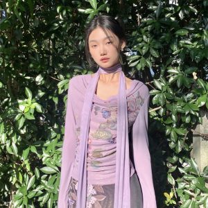 New Chinese Style Vintage Floral Mesh Sparkling Top