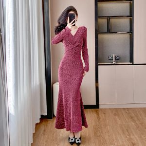 Elegant Mermaid Long Dress with Rhinestones and Polka Dots