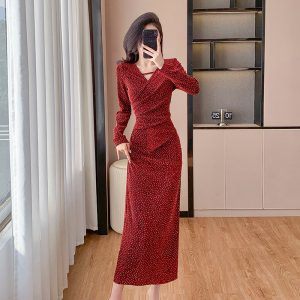 V-Neck Sequin Bodycon Long Dress