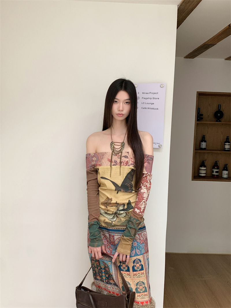 Vintage Ethnic Print Off-Shoulder Long Sleeve Pure Cotton Top - Image 3