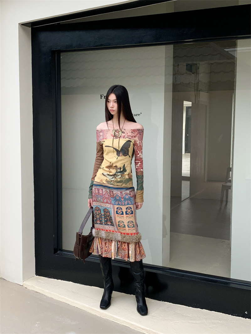 Vintage Ethnic Print Off-Shoulder Long Sleeve Pure Cotton Top - Image 4