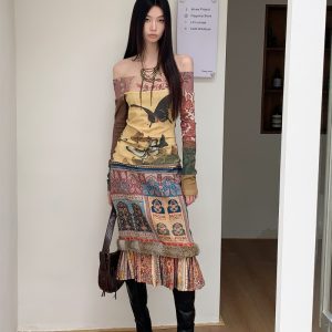 Vintage Ethnic Print Off-Shoulder Long Sleeve Pure Cotton Top