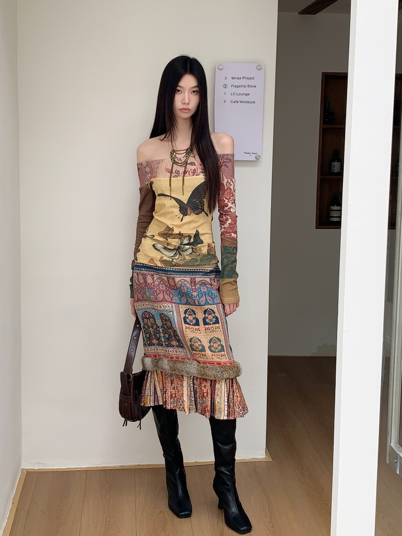 Vintage Ethnic Print Off-Shoulder Long Sleeve Pure Cotton Top
