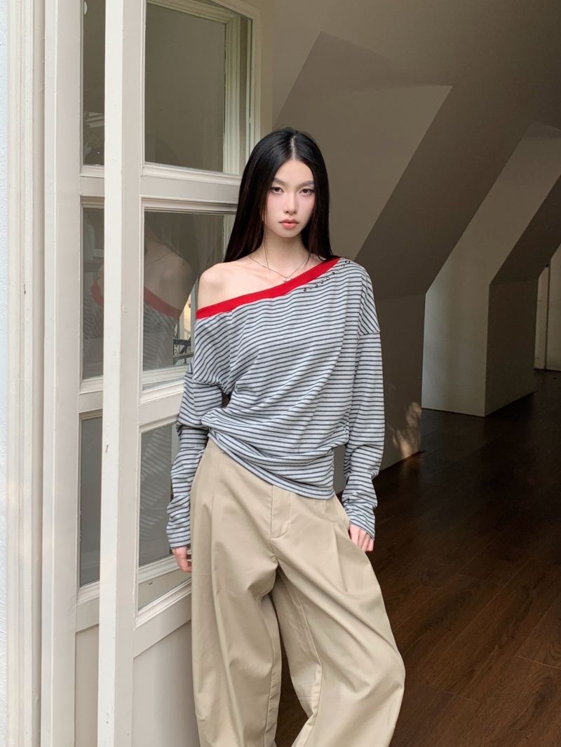 Women's Gray Striped Ribbed Punk Long Sleeve Loose T-Shirt - Image 3