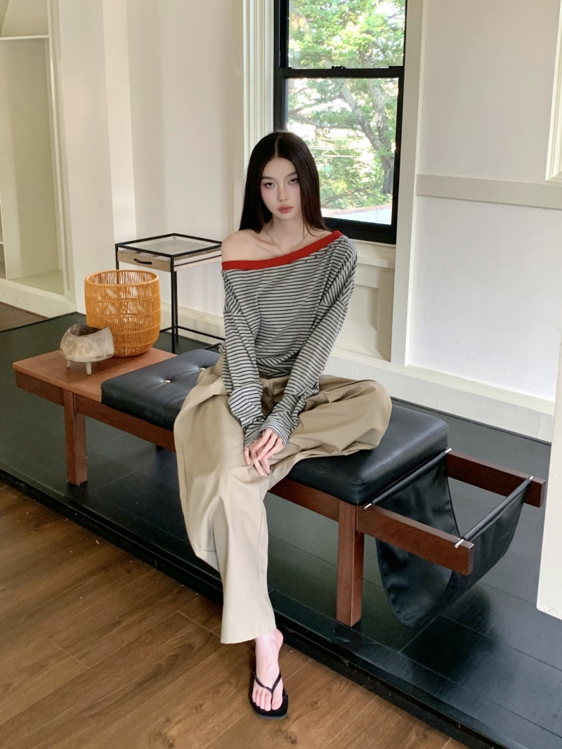 Women's Gray Striped Ribbed Punk Long Sleeve Loose T-Shirt - Image 2