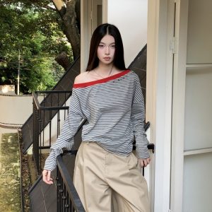Women's Gray Striped Ribbed Punk Long Sleeve Loose T-Shirt