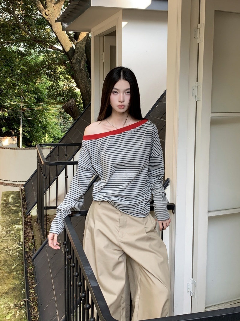 Women's Gray Striped Ribbed Punk Long Sleeve Loose T-Shirt