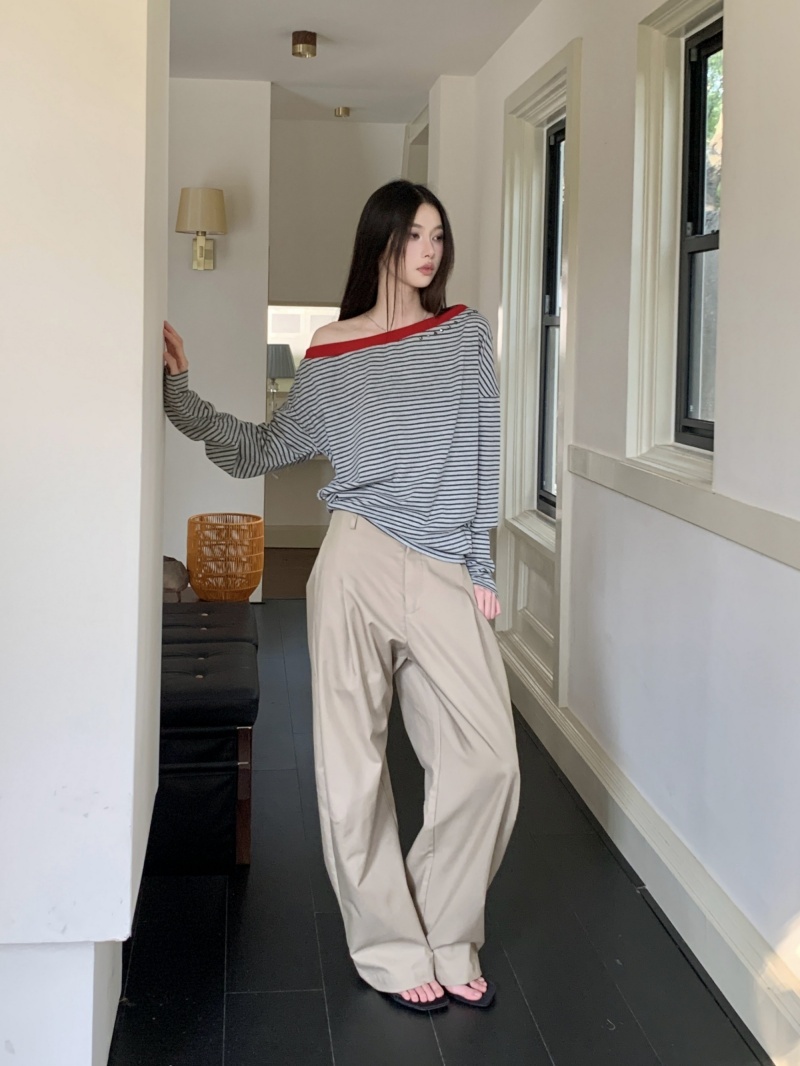 Women's Gray Striped Ribbed Punk Long Sleeve Loose T-Shirt - Image 4