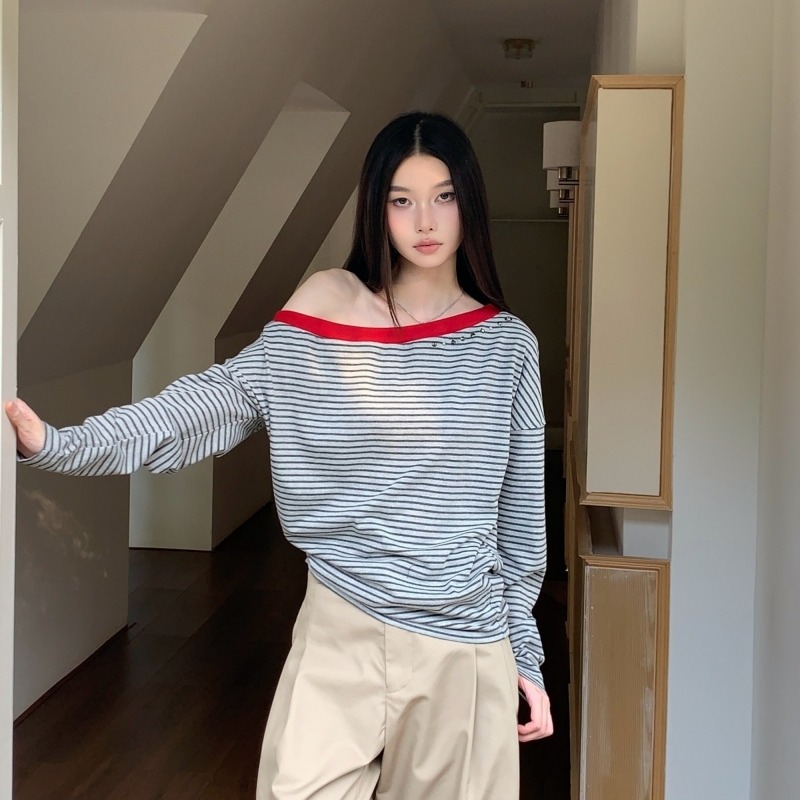 Women's Gray Striped Ribbed Punk Long Sleeve Loose T-Shirt - Image 5