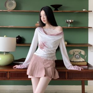 Spring Floral Letter Original Romantic Lace Draped Neck Patchwork Long Sleeve T-Shirt