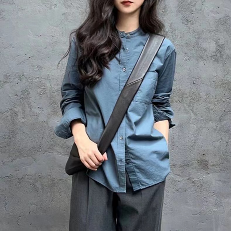 Haze Blue Long Sleeve Button Down Shirt Women Plus Size Loose Fit Fall Top - Image 2