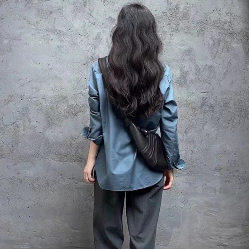 Haze Blue Long Sleeve Button Down Shirt Women Plus Size Loose Fit Fall Top - Image 5