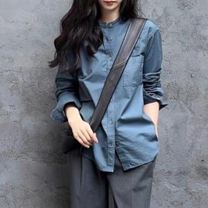 Haze Blue Long Sleeve Button Down Shirt Women Plus Size Loose Fit Fall Top