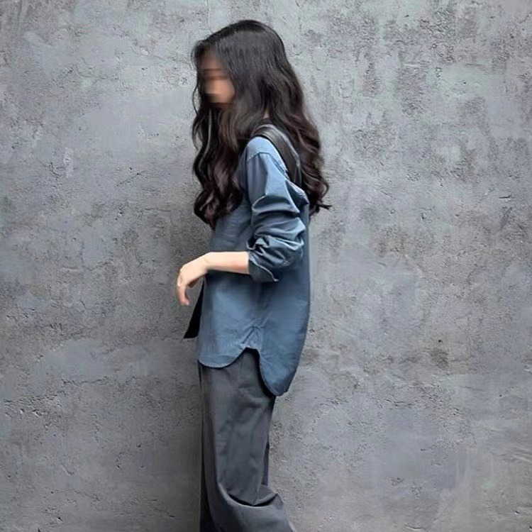 Haze Blue Long Sleeve Button Down Shirt Women Plus Size Loose Fit Fall Top - Image 3