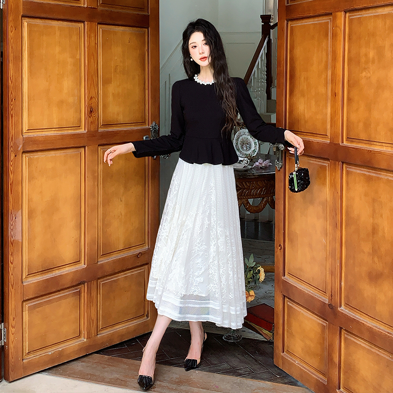 French Retro Two-Piece Look Dress with Sheer Skirt 2026 Autumn - Image 2