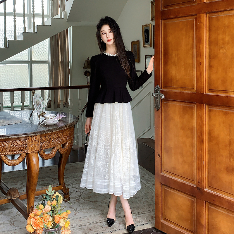 French Retro Two-Piece Look Dress with Sheer Skirt 2026 Autumn - Image 3