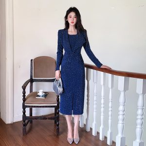 High-End Rhinestone Bodycon Midi Dress with Waist-Cinching Design
