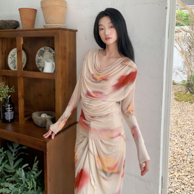 Printed Draped Neck Mesh Top and Knit Skirt Set for Women - Image 5