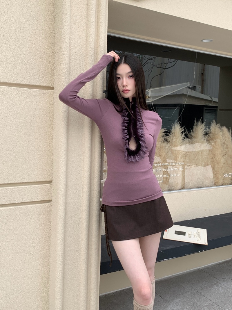 Women's Purple Faux Fur Trim Lace Detail Slim Fit Cotton Blend Base Layer Top
