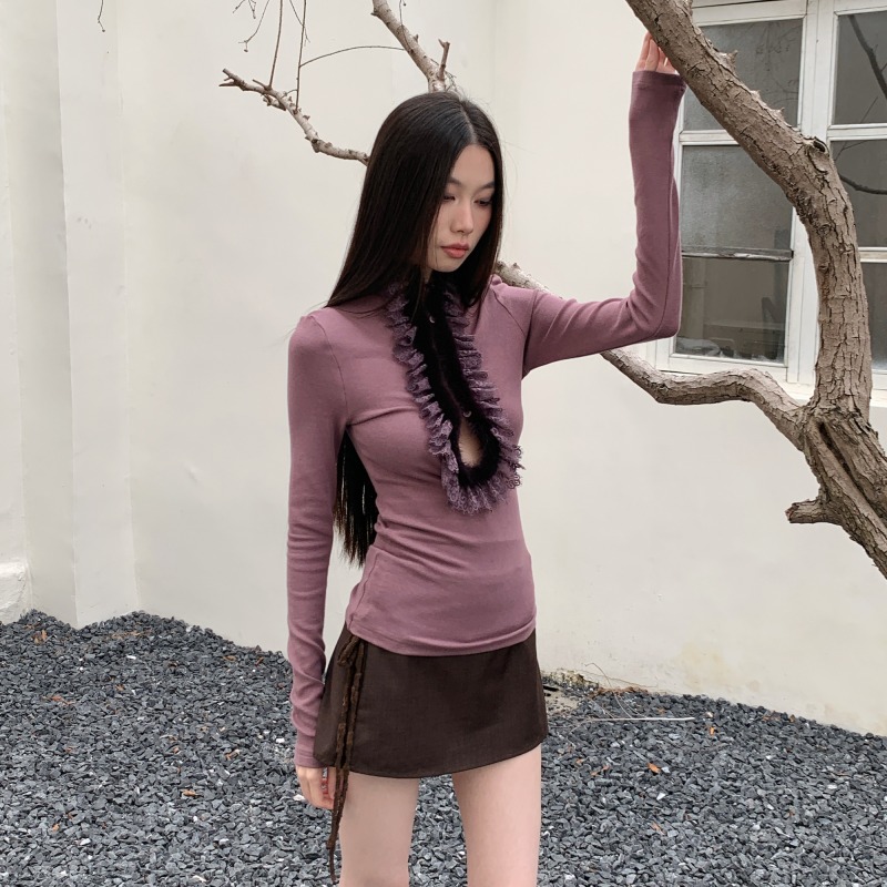 Women's Purple Faux Fur Trim Lace Detail Slim Fit Cotton Blend Base Layer Top - Image 5