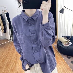 Women's Plus Size Cotton Long Sleeve Polo Collar Double Breasted Shirt Autumn Loose Fit Top