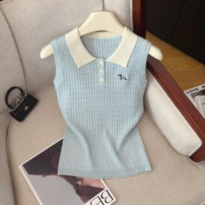 Women's Sleeveless Polo Neck Knit Top Summer Preppy Style