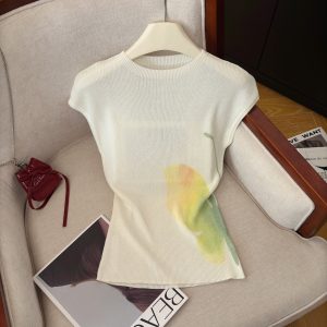 Women's Summer Irregular Colorful Print Knit Top Short Sleeve Pullover