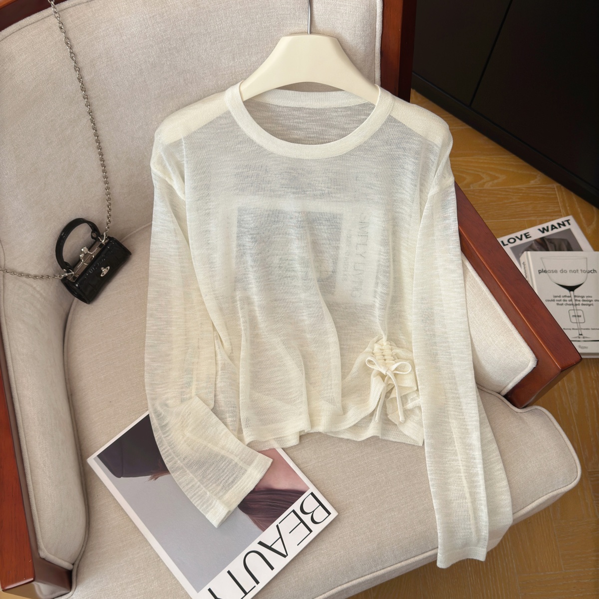 Women's Adjustable Drawstring Knit Sun Protection Top Summer Solid Color Long Sleeve - Image 2