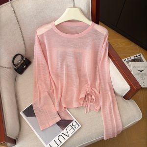 Women's Adjustable Drawstring Knit Sun Protection Top Summer Solid Color Long Sleeve