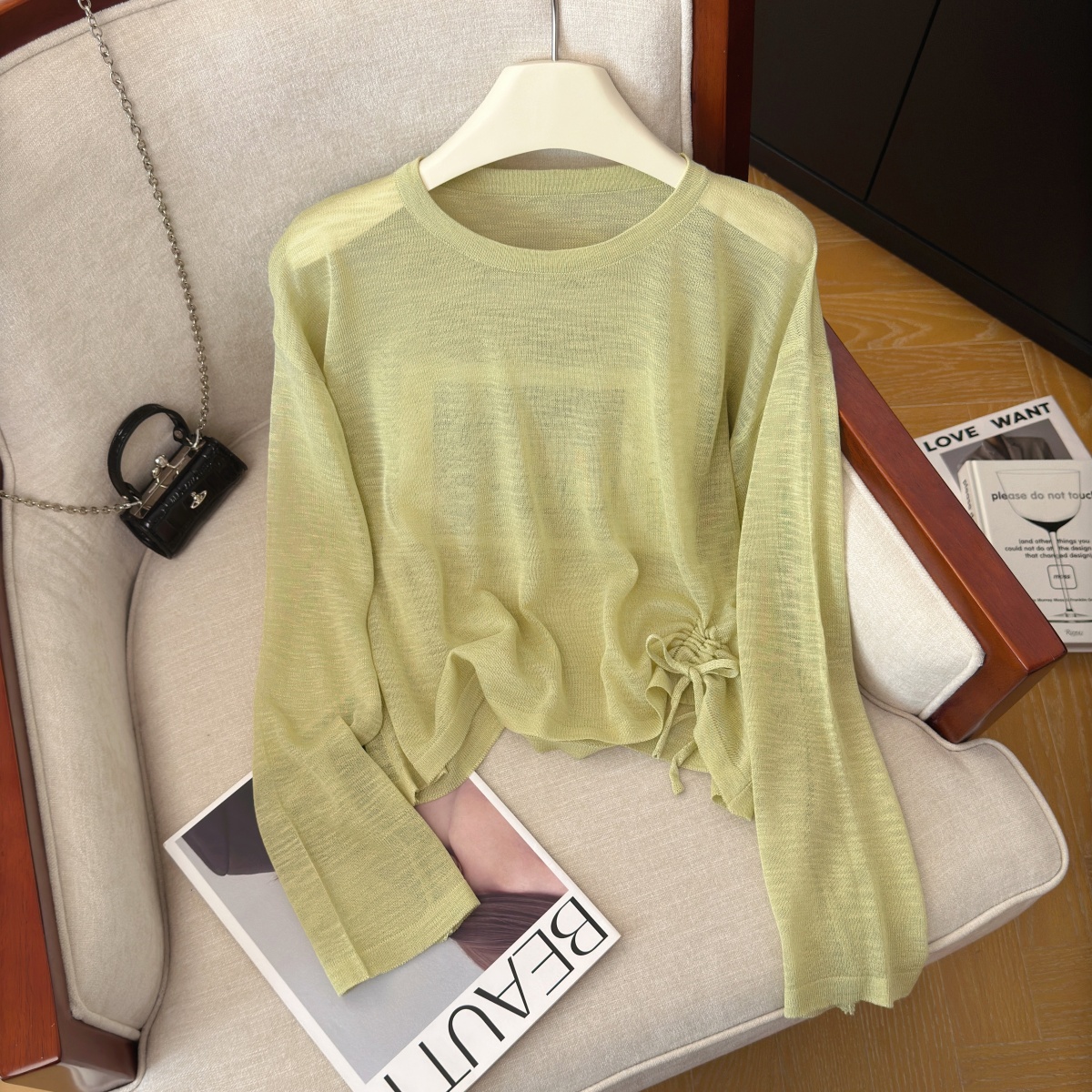 Women's Adjustable Drawstring Knit Sun Protection Top Summer Solid Color Long Sleeve - Image 3