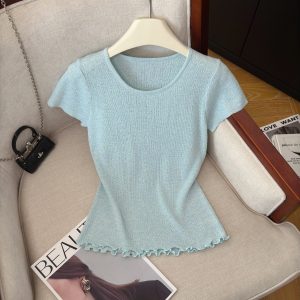 Korean Style Knit Short Sleeve Top for Women Summer Slimming Sweet Ruffle Trim Pullover