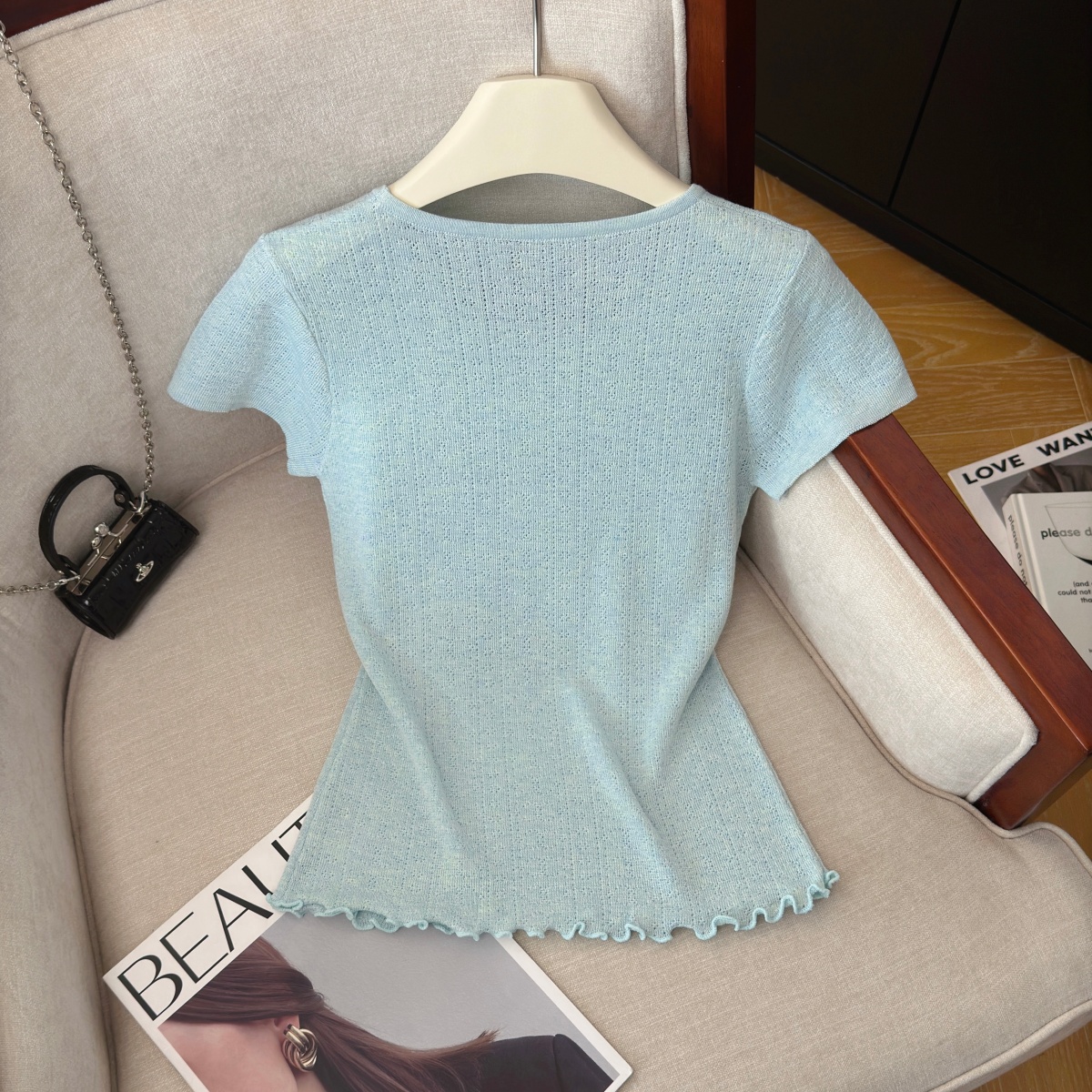 Korean Style Knit Short Sleeve Top for Women Summer Slimming Sweet Ruffle Trim Pullover - Image 5