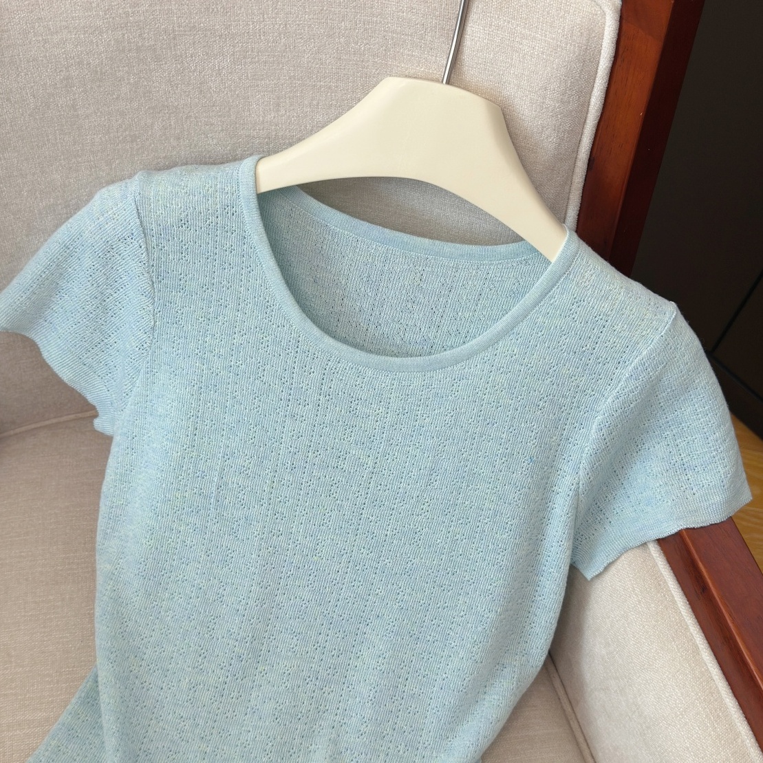 Korean Style Knit Short Sleeve Top for Women Summer Slimming Sweet Ruffle Trim Pullover - Image 2