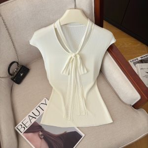 Women's Summer Knit Top with Ribbon Detail Soft Loose Short Sleeve Pullover