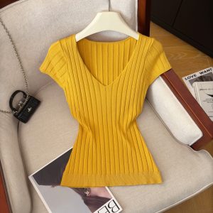Women's V-Neck Knit Short Sleeve Top Slimming Vertical Striped Summer 2026