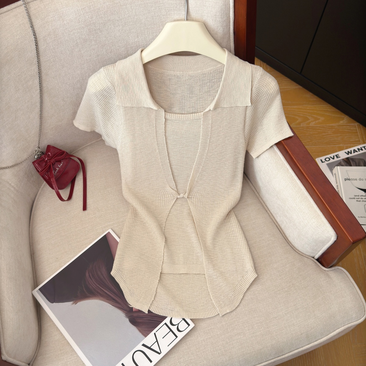 Korean Faux Two-Piece Knit Top Women Summer Slimming Short Sleeve
