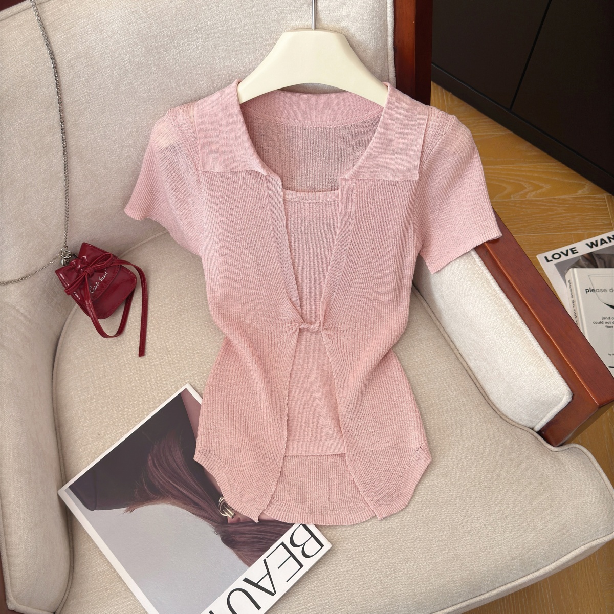 Korean Faux Two-Piece Knit Top Women Summer Slimming Short Sleeve - Image 2