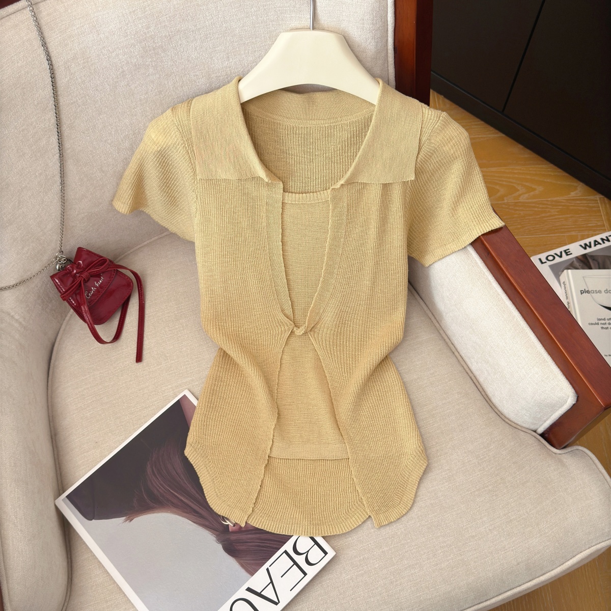 Korean Faux Two-Piece Knit Top Women Summer Slimming Short Sleeve - Image 3