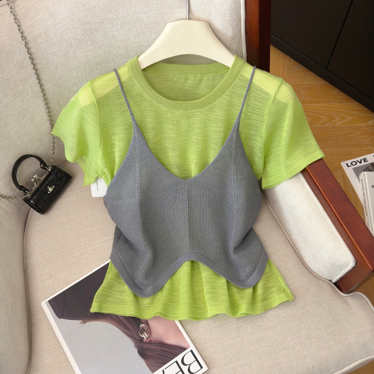 Retro Hong Kong Style Knit Two-Piece Set Women Summer Slim Cami and Short Sleeve Layered Outfit