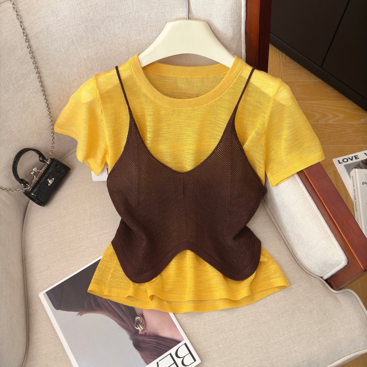Retro Hong Kong Style Knit Two-Piece Set Women Summer Slim Cami and Short Sleeve Layered Outfit - Image 2