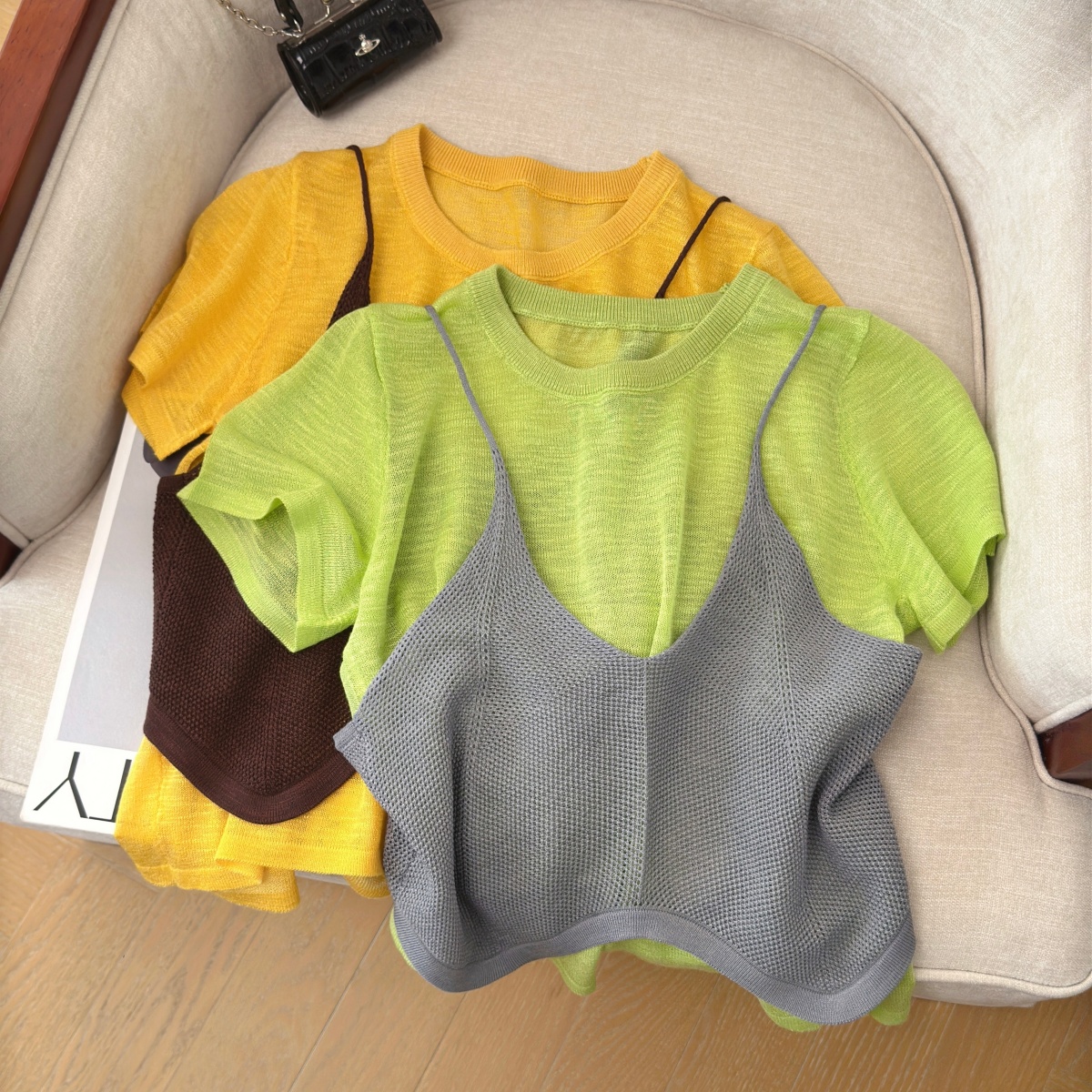Retro Hong Kong Style Knit Two-Piece Set Women Summer Slim Cami and Short Sleeve Layered Outfit - Image 5