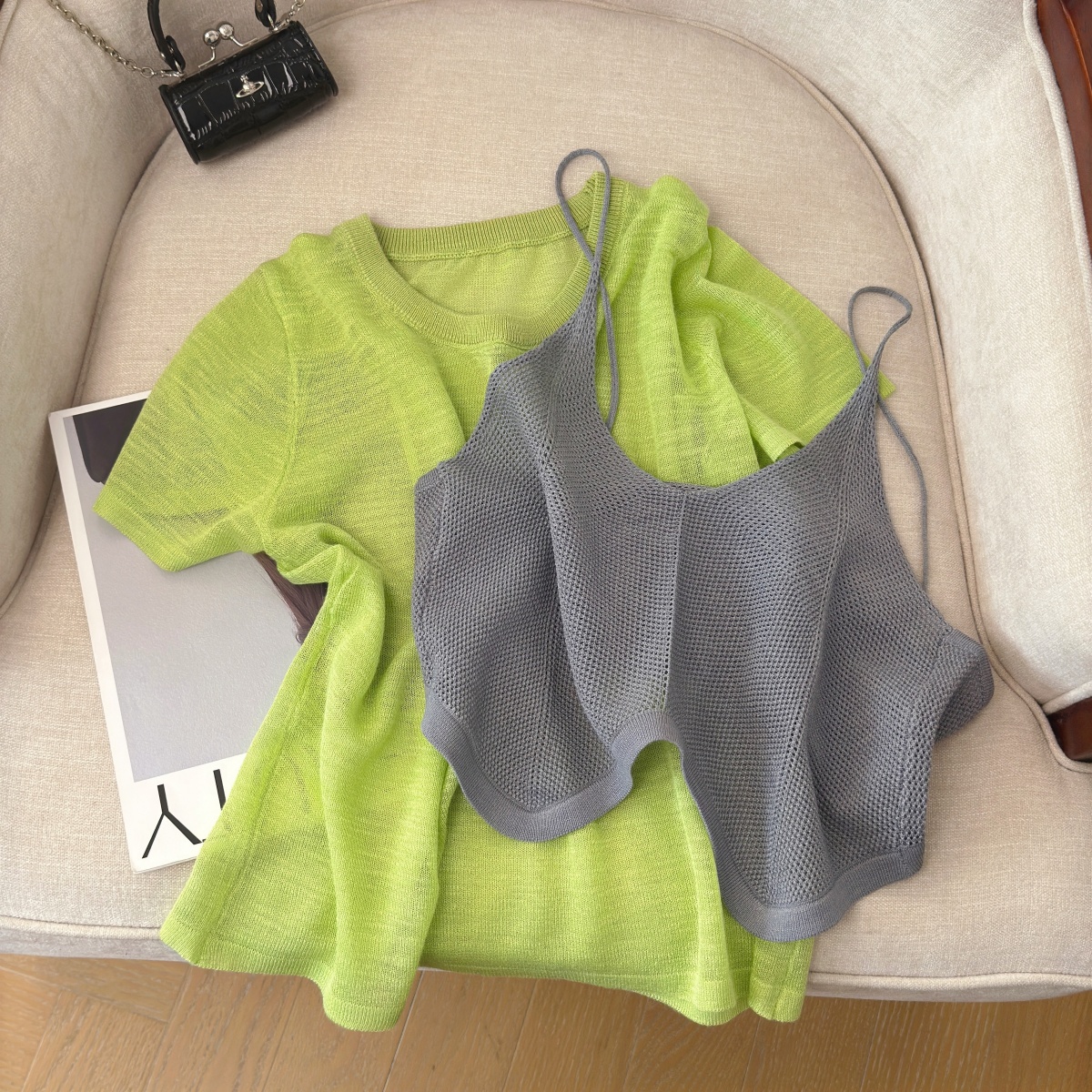 Retro Hong Kong Style Knit Two-Piece Set Women Summer Slim Cami and Short Sleeve Layered Outfit - Image 4