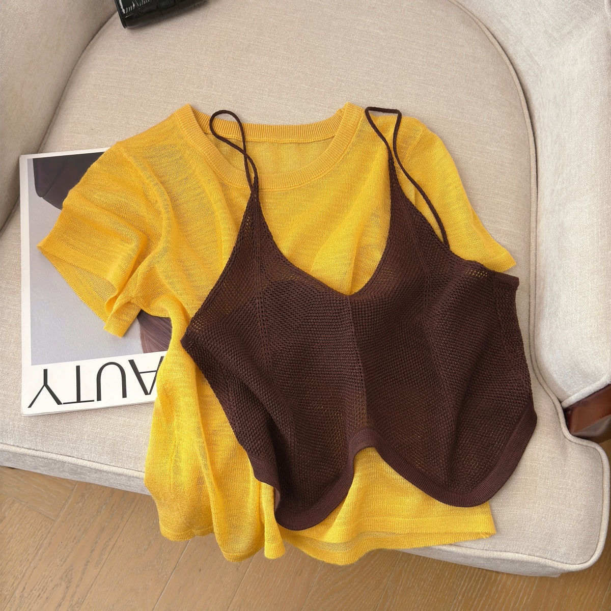 Retro Hong Kong Style Knit Two-Piece Set Women Summer Slim Cami and Short Sleeve Layered Outfit - Image 3