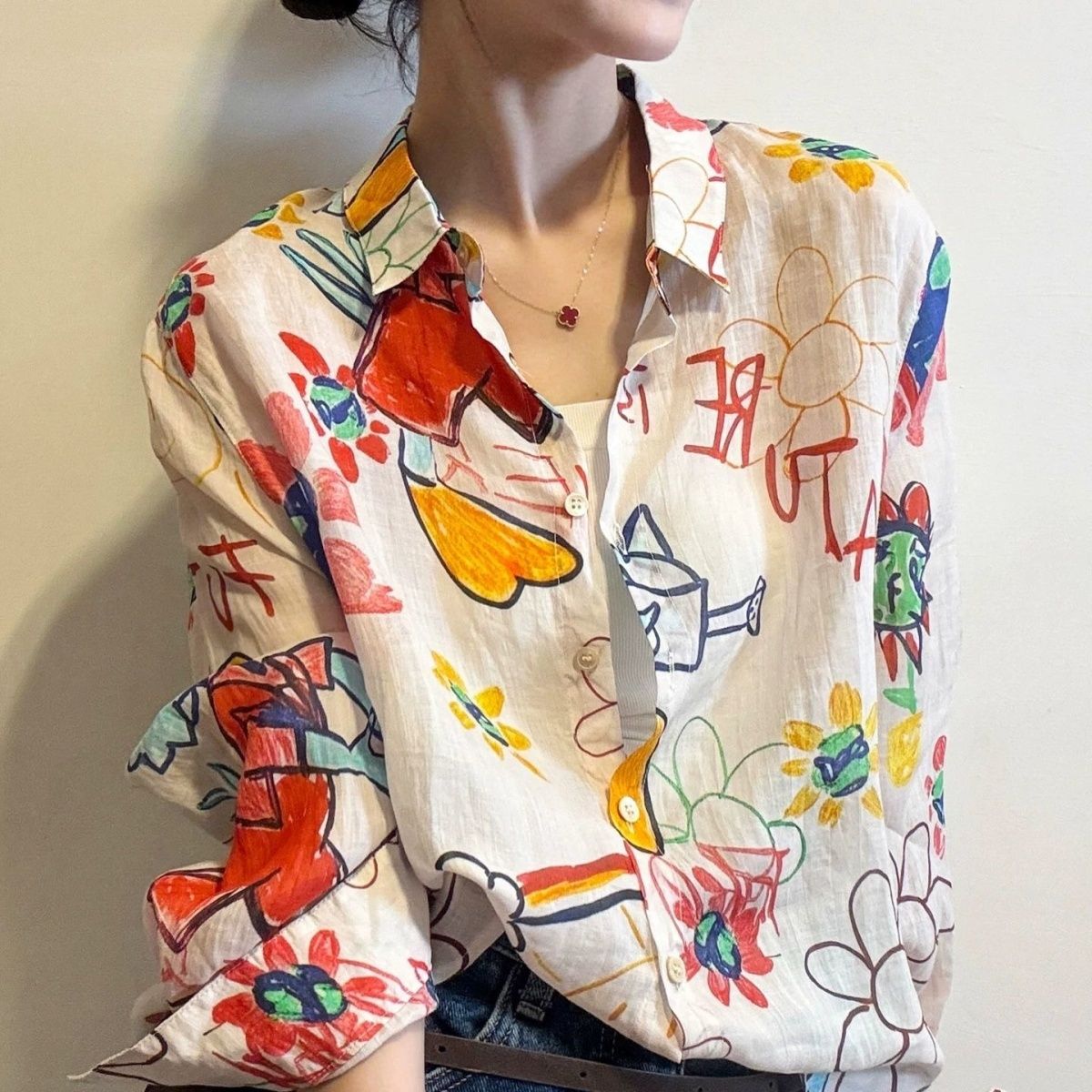 Autumn Literary Forest Style Ramie Print Lapel Breathable Long Sleeve Shirt Women New Loose Button Sun Protection Top - Image 3