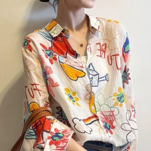 Autumn Literary Forest Style Ramie Print Lapel Breathable Long Sleeve Shirt Women New Loose Button Sun Protection Top