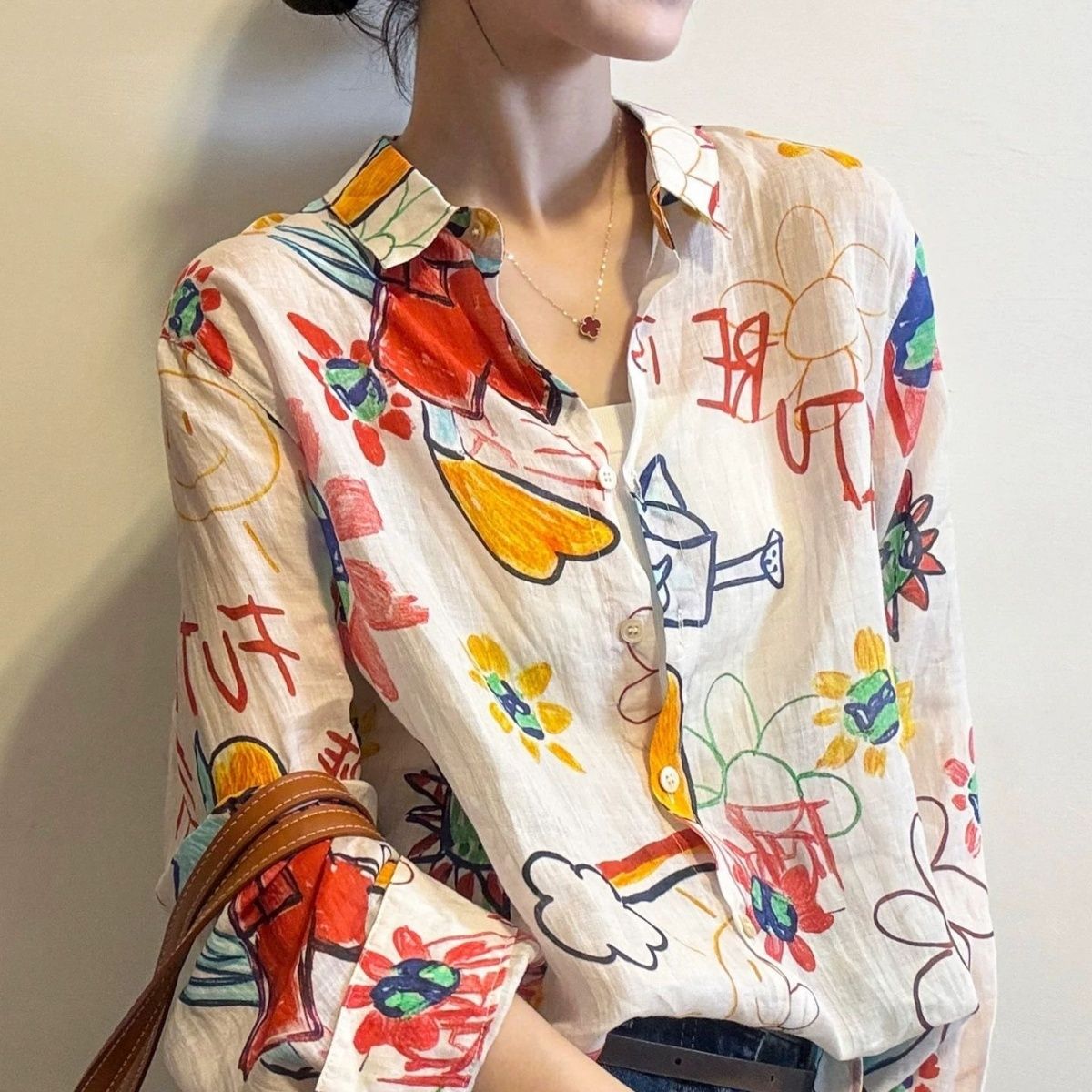 Autumn Literary Forest Style Ramie Print Lapel Breathable Long Sleeve Shirt Women New Loose Button Sun Protection Top