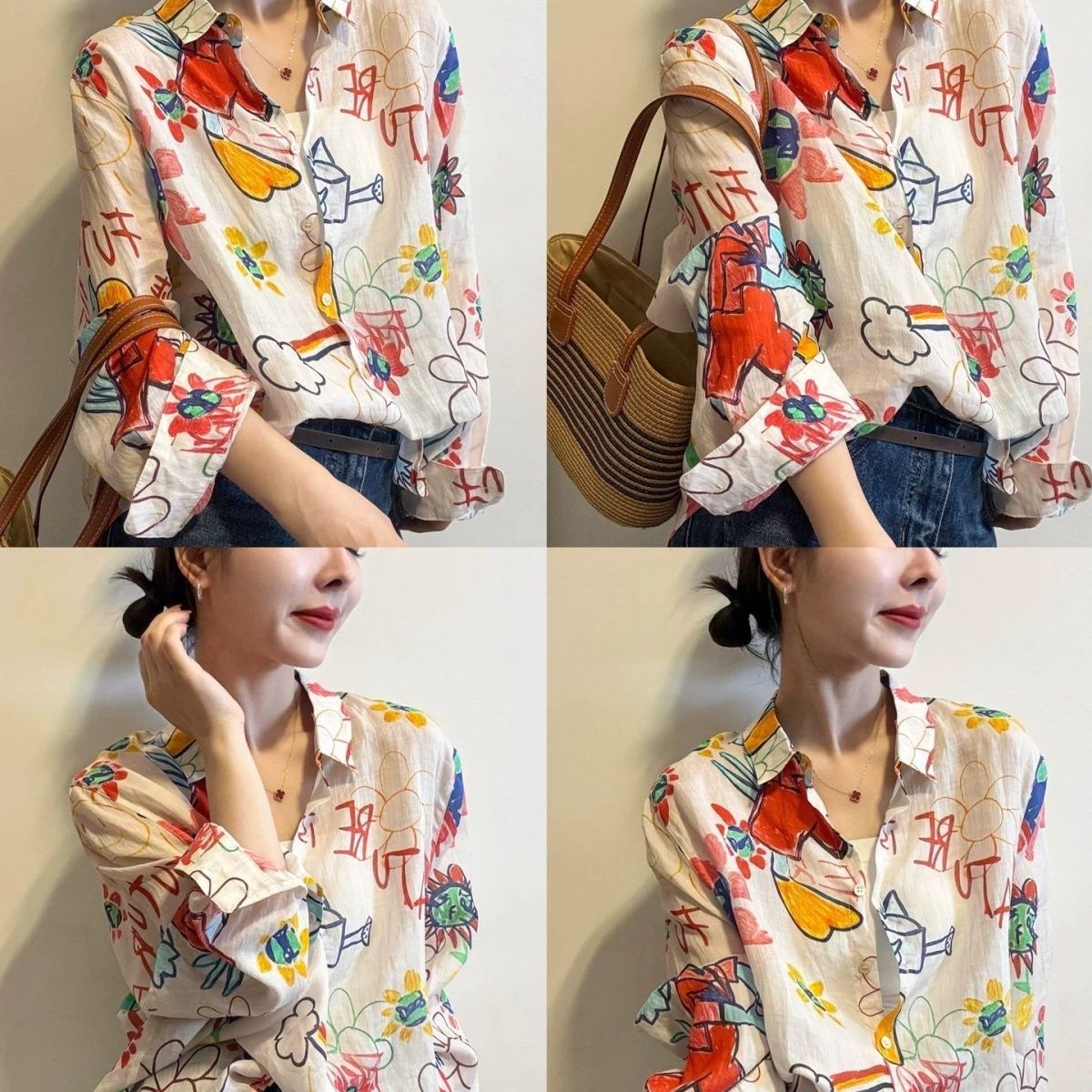 Autumn Literary Forest Style Ramie Print Lapel Breathable Long Sleeve Shirt Women New Loose Button Sun Protection Top - Image 4