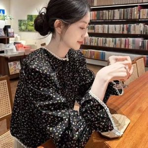 Plus Size Black Floral Shirt Women's Autumn French Style Top